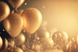 Festive luxury background with golden inflatable balloons, confetti, blurred background with bokeh effect. photo