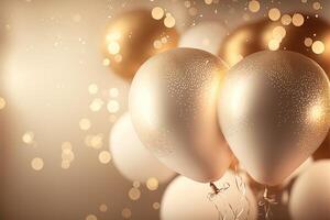 Festive luxury background with golden inflatable balloons, confetti, blurred background with bokeh effect. photo