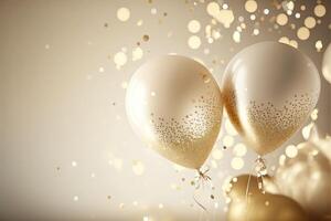 Festive luxury background with golden inflatable balloons, confetti, blurred background with bokeh effect. photo