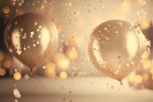 Festive luxury background with golden inflatable balloons, confetti, blurred background with bokeh effect. photo