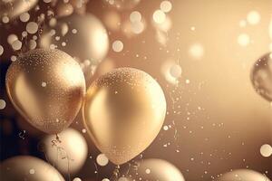 Festive luxury background with golden inflatable balloons, confetti, blurred background with bokeh effect. photo