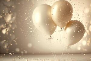 Festive luxury background with golden inflatable balloons, confetti, blurred background with bokeh effect. photo