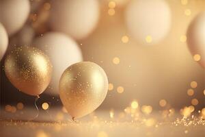 Festive luxury background with golden inflatable balloons, confetti, blurred background with bokeh effect. photo