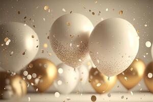 Festive luxury background with golden inflatable balloons, confetti, blurred background with bokeh effect. photo