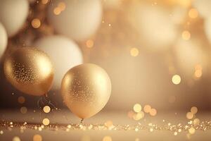 Festive luxury background with golden inflatable balloons, confetti, blurred background with bokeh effect. photo