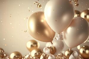 festivo lujo antecedentes con dorado inflable globos, papel picado, borroso antecedentes con bokeh efecto. generativo ai foto