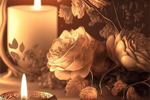 Gentle mysterious fairy tale background with flowers and burning candles. photo