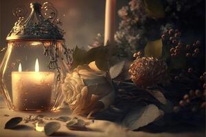 Gentle mysterious fairy tale background with flowers and burning candles. photo