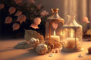 Gentle mysterious fairy tale background with flowers and burning candles. photo