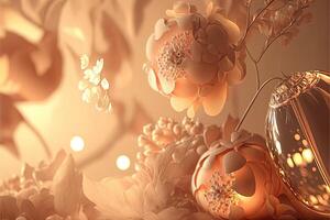 Gentle mysterious fairy tale background with flowers and burning candles. photo