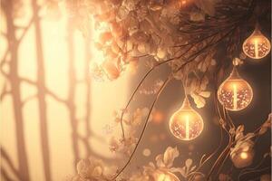 Gentle mysterious fairy tale background with flowers and burning candles. photo