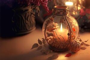 Gentle mysterious fairy tale background with flowers and burning candles. photo