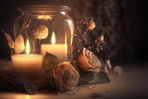 Gentle mysterious fairy tale background with flowers and burning candles. photo