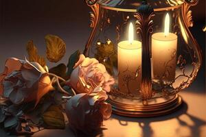 Gentle mysterious fairy tale background with flowers and burning candles. photo