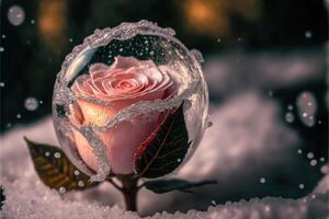 Frozen magic red rose in the snow romantic background. photo
