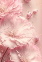 Delicate romantic pastel pink background with beautiful flowers.  Abstract wedding backdrop. Ai generative photo