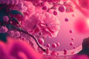 Abstract bright blurred background with sakura flowers, . photo