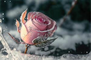 Frozen magic red rose in the snow romantic background. photo