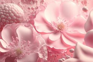 Delicate romantic pastel pink background with beautiful flowers. Abstract wedding backdrop. photo