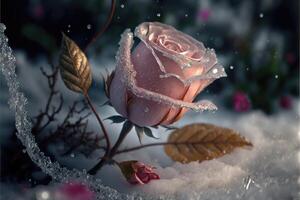 Frozen magic red rose in the snow romantic background. photo