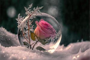 Frozen magic red rose in the snow romantic background. photo