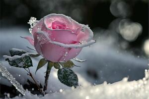 Frozen magic red rose in the snow romantic background. photo