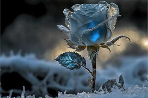 Frozen magic blue rose in the snow romantic background. photo