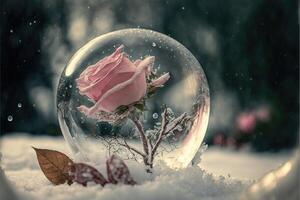 Frozen magic red rose in the snow romantic background. photo