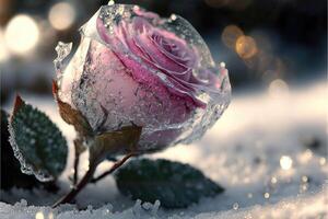 Frozen magic red rose in the snow romantic background. photo