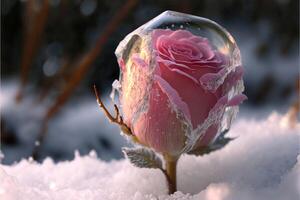 Frozen magic red rose in the snow romantic background. photo