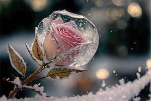 Frozen magic red rose in the snow romantic background. photo