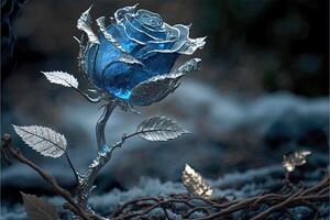 Frozen magic blue rose in the snow romantic background. photo