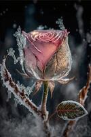 Frozen magic red rose in the snow romantic background. photo