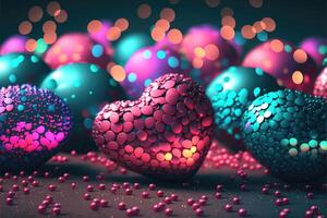 Bright festive background with inflatable hearts, sequins and bokeh Light Effect. Card background for Valentine's Day, Happy Birthday and so on. photo