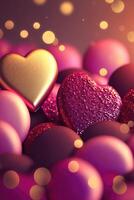 Bright festive background with inflatable hearts, sequins and bokeh Light Effect. Card background for Valentine's Day, Happy Birthday and so on. photo