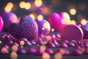 Bright festive background with inflatable hearts, sequins and bokeh Light Effect. Card background for Valentine's Day, Happy Birthday and so on. photo