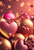 Bright festive background with inflatable hearts, sequins and bokeh Light Effect. Card background for Valentine's Day, Happy Birthday and so on. photo