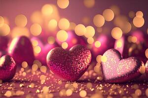 Bright festive background with inflatable hearts, sequins and bokeh Light Effect. Card background for Valentine's Day, Happy Birthday and so on. photo