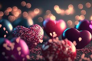 Bright festive background with inflatable hearts, sequins and bokeh Light Effect. Card background for Valentine's Day, Happy Birthday and so on. photo