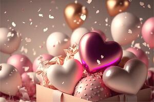 Festive romantic background with balloons hearts and confetti Valentine's Day or Merry Christmas and Happy New Year greetings. . photo