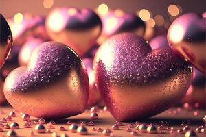 Bright festive background with inflatable hearts, sequins and bokeh Light Effect. Card background for Valentine's Day, Happy Birthday and so on. photo