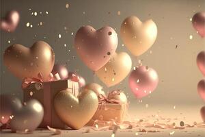 Festive romantic background with balloons hearts and confetti Valentine's Day or Merry Christmas and Happy New Year greetings. . photo