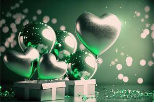 Festive background with metallic green and silver balloons and gifts for New Year or Valentine's Day or any other holiday. photo