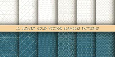 Set of 12 luxurious vector seamless patterns. Geometrical patterns on a white and emerald background. Modern illustrations for wallpapers, flyers, covers, banners, minimalistic ornaments, background