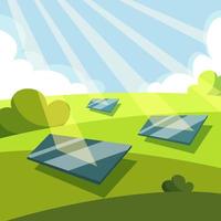 Solar energy panel for ecology concept. Solar panels on the background of nature. Vector illustration.