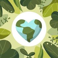 Planet earth in the shape of a heart with leaves. Frame of green bright leaves. The emblem of the concept of saving the planet. Love for ecology, earth, planet. Poster template, banner. vector