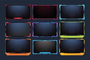 Futuristic stream overlay set vector. Broadcast screen interface bundle design for live streaming screens. Online gaming overlay vector collection with yellow, red, and blue colors on dark background.