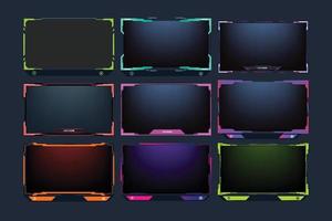 Live streaming overlay design collection for screen panels. Futuristic green, purple, and orange gaming overlay bundle for online gamers. Live stream overlay set vector with colorful buttons.