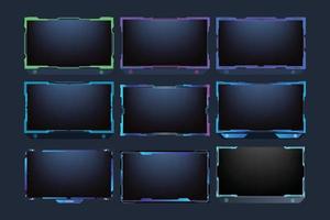 Simple streaming overlay and screen interface set design with blue, purple, and green colors. Live streaming overlay bundle vector. Modern gaming frame design collection on a dark background. vector