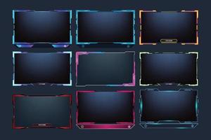 Gaming frame and streaming template set with blue, red, and yellow colors. Live streaming overlay bundle for online gamers. Streaming overlay and screen interface collection on a dark background. vector